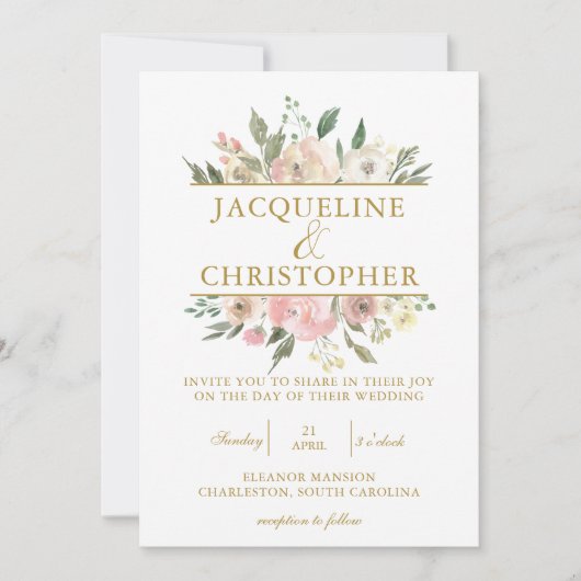 Elegant Blush Pink Floral Gold Script Weddenschap Kaart (Voorkant)