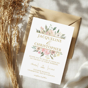 Elegant Blush Pink Floral Gold Script Weddenschap Kaart