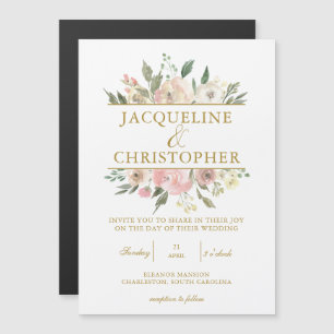 Elegant Blush Pink Floral Gold Script Weddenschap Magnetische Uitnodiging