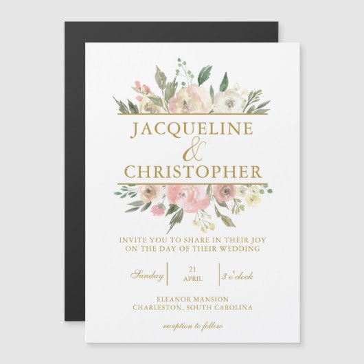 Elegant Blush Pink Floral Gold Script Weddenschap Magnetische Uitnodiging (Voorkant / Achterkant)
