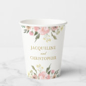 Elegant Blush Pink Floral Gold Script Weddenschap Papieren Bekers (Achterkant)