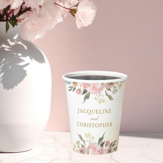 Elegant Blush Pink Floral Gold Script Weddenschap Papieren Bekers