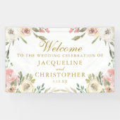 Elegant Blush Pink Floral Gold Script Weddenschap Spandoek (Horizontaal)