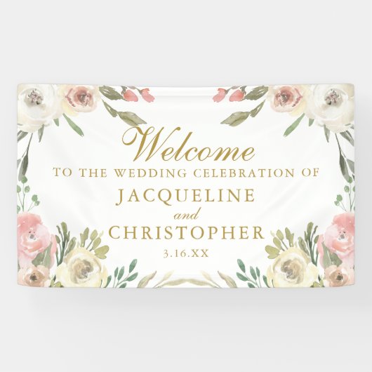Elegant Blush Pink Floral Gold Script Weddenschap Spandoek (Horizontaal)