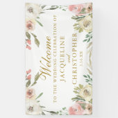 Elegant Blush Pink Floral Gold Script Weddenschap Spandoek (Verticaal)