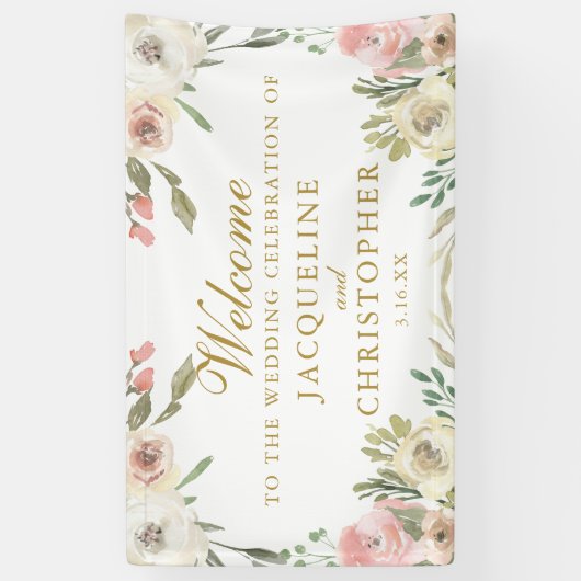 Elegant Blush Pink Floral Gold Script Weddenschap Spandoek (Verticaal)