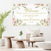 Elegant Blush Pink Floral Gold Script Weddenschap Spandoek