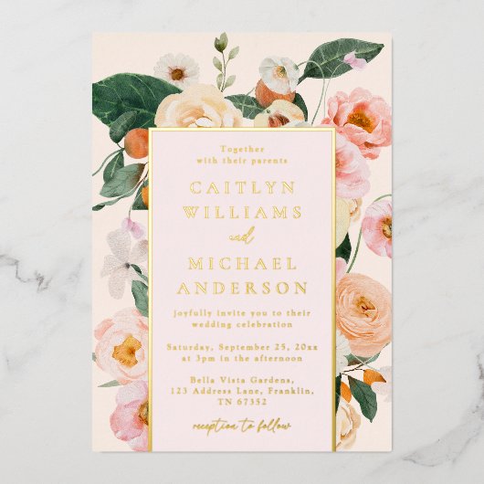 Elegant Blush Pink Floral Gold Wedding Folie Uitnodiging (Voorkant)