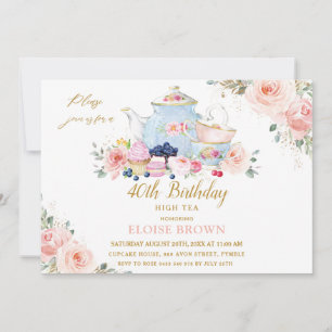 Elegant Blush Pink Floral High Tea Party Birthday Kaart