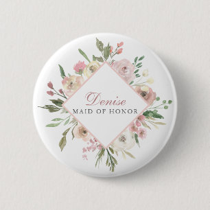 Elegant Blush Pink Floral Maid of Honor Naam Tag Ronde Button 5,7 Cm