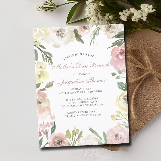 Elegant Blush Pink Floral Moederdag Brunch Uitnodiging Briefkaart