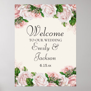 Elegant Blush Pink Floral op Cream Wedding Poster
