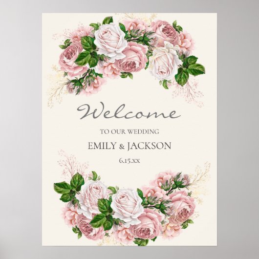 Elegant Blush Pink  Floral op Cream Wedding Poster (Voorkant)