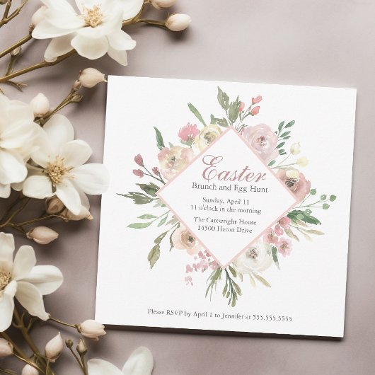 Elegant Blush Pink Floral Peony Easter Brunch Hunt Kaart