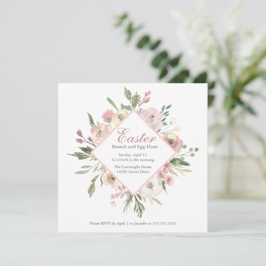 Elegant Blush Pink Floral Peony Easter Brunch Hunt Kaart (Staand voorkant)
