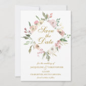 Elegant Blush Pink Floral Peony Gold Script Save The Date (Voorkant)