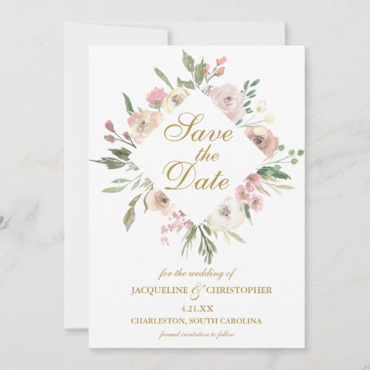 Elegant Blush Pink Floral Peony Gold Script Save The Date (Voorkant)