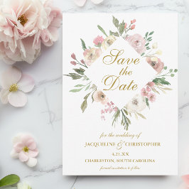 Elegant Blush Pink Floral Peony Gold Script Save The Date