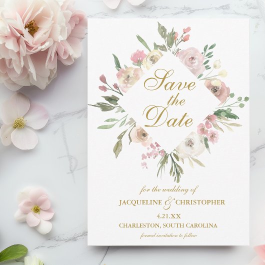 Elegant Blush Pink Floral Peony Gold Script Save The Date
