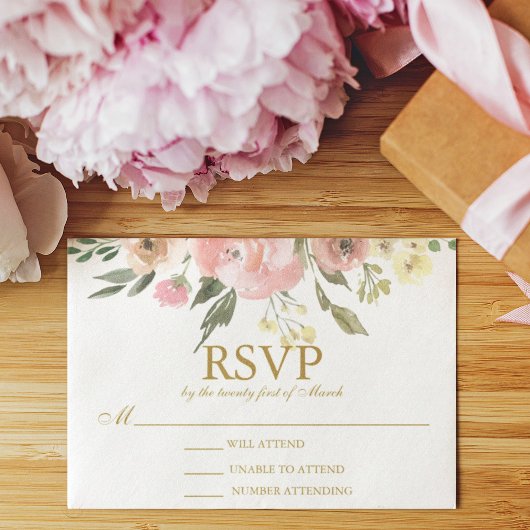Elegant Blush Pink Floral Peony Gold Wedding RSVP Kaartje