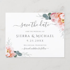 Elegant Blush Pink Floral Peony Save The Date Aankondigingskaart