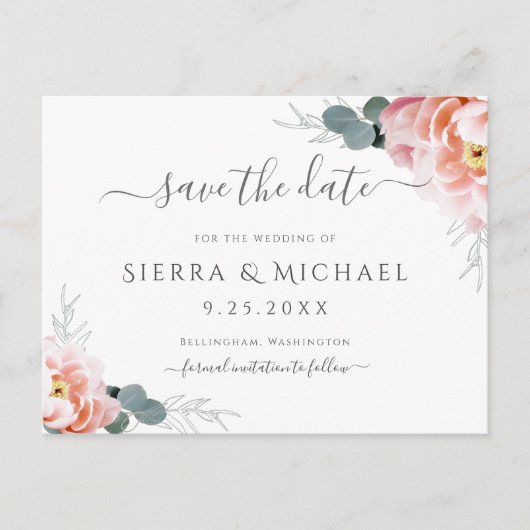 Elegant Blush Pink Floral Peony Save The Date Aankondigingskaart (Voorkant)