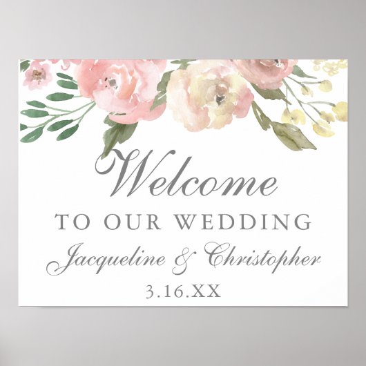 Elegant Blush Pink Floral Peony Weddenschap Welkom Poster (Voorkant)