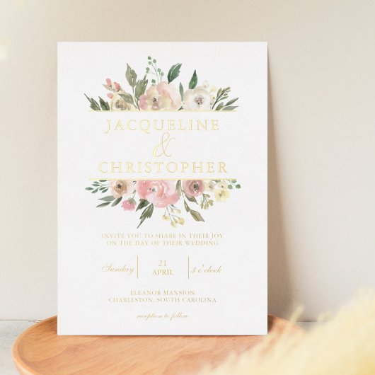 Elegant Blush Pink Floral Peony Wedding Gold Folie Uitnodiging