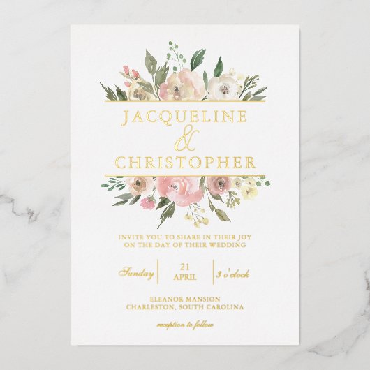 Elegant Blush Pink Floral Peony Wedding Gold Folie Uitnodiging (Voorkant)