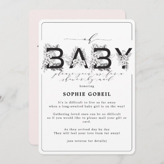 Elegant Blush Pink Floral per mail Baby shower Kaart (Voorkant / Achterkant)