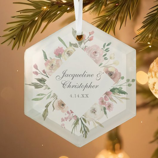 Elegant Blush Pink Floral Personalized Weddenschap Glas Ornament