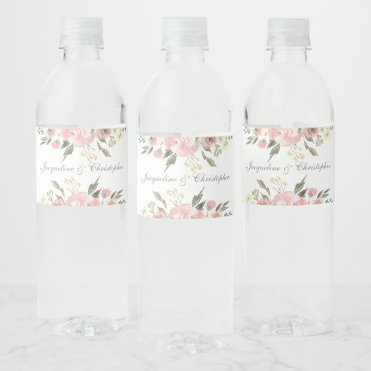 Elegant Blush Pink Floral Personalized Weddenschap Waterfles Etiket (Flessen)