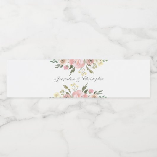 Elegant Blush Pink Floral Personalized Weddenschap Waterfles Etiket (Enkel label)