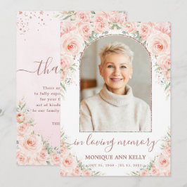 Elegant Blush Pink Floral Photo Funeral Memorial Bedankkaart