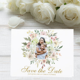 Elegant Blush Pink Floral Photo Gold Save Date Briefkaart