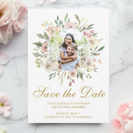 Elegant Blush Pink Floral Photo Gold Save Date Save The Date