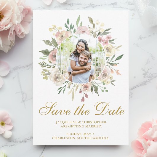Elegant Blush Pink Floral Photo Gold Save Date Save The Date