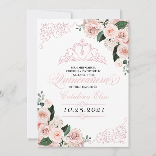 Elegant Blush Pink Floral Quinceanera Birthday Kaart (Voorkant)