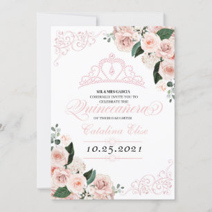 Elegant Blush Pink Floral Quinceanera Birthday Kaart