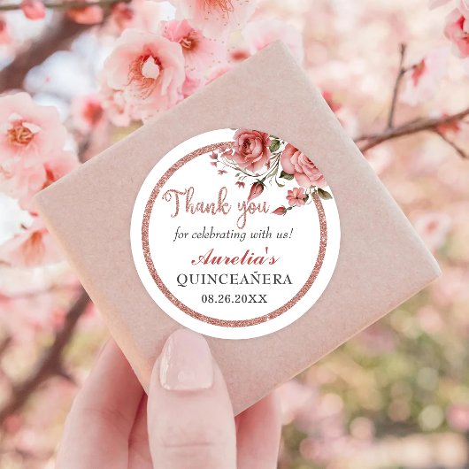 Elegant Blush Pink Floral Quinceanera Birthday Ronde Sticker