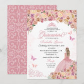 Elegant Blush Pink Floral Quinceanera Kaart (Voorkant / Achterkant)