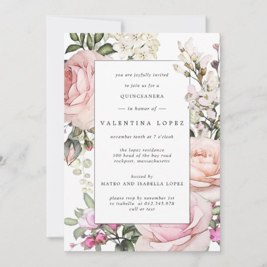 Elegant Blush Pink Floral Quinceanera Kaart (Voorkant)