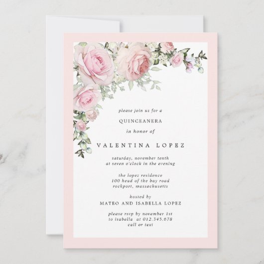 Elegant Blush Pink Floral Quinceanera Kaart (Voorkant)