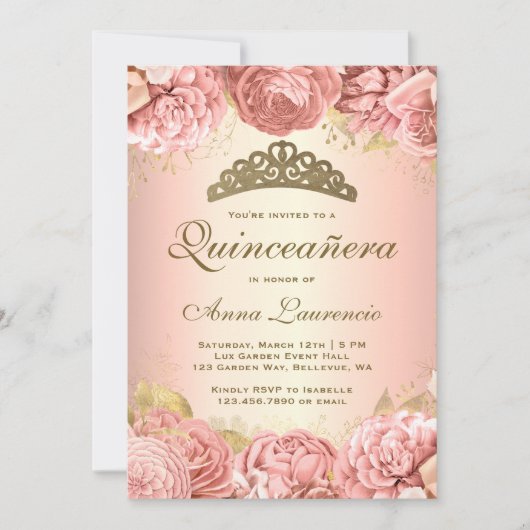 Elegant Blush Pink Floral Quinceanera Kaart (Voorkant)
