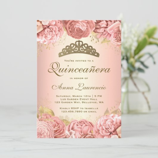 Elegant Blush Pink Floral Quinceanera Kaart (Staand voorkant)