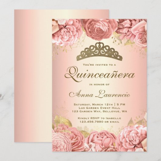 Elegant Blush Pink Floral Quinceanera Kaart (Voorkant / Achterkant)