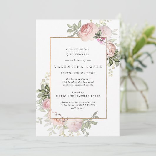 Elegant Blush Pink Floral Quinceanera Kaart (Staand voorkant)