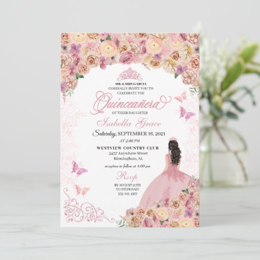 Elegant Blush Pink Floral Quinceanera Kaart (Staand voorkant)