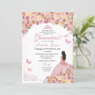 Elegant Blush Pink Floral Quinceanera Kaart