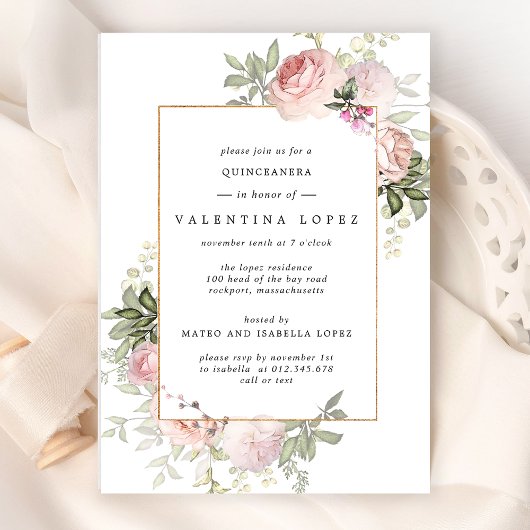Elegant Blush Pink Floral Quinceanera Kaart